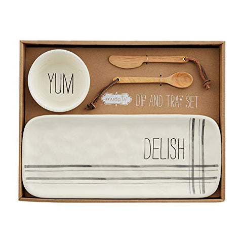 Mud Pie Mud Pie Bistro Boxed Dip and Tray, Size 5" x 12" | Cup 2" x 3 1/4" Dia | Utensil 5", White - DimpzBazaar.com