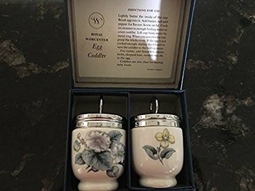 Royal Worcester Royal Worcester Egg Coddler Pair Woodland Pattern Ice Blue Leaves Lavendar Yellow Floral-Rare - DimpzBazaar.com