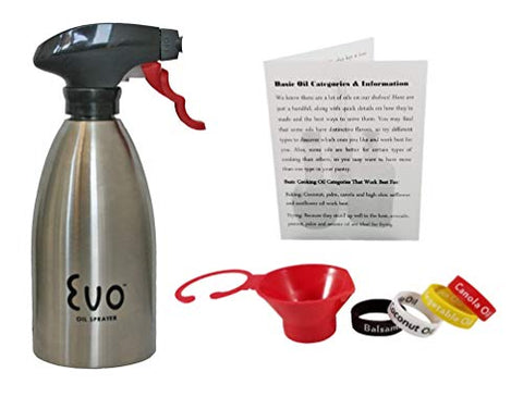 EVO Stainless Steel Oil Sprayer For Cooking, Evo 16 Ounce Reusable Refillable For The Kitchen BBQ With Funnel, Identification Bands And Informational Card. - DimpzBazaar.com