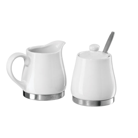 Oggi Oggi 5827.1 White Ceramic Stainless Steel Sugar and Creamer Set with Stainless Steel Spoon - DimpzBazaar.com