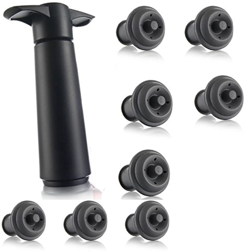 Dimpz Bazaar Bundle Includes 2 Items - The Original Wine Saver and 8 Stoppers - The Original Vacu Vin Wine Saver with 2 Vacuum Stoppers – Black and Vacu Vin Wine Saver Vacuum Stoppers Set of 6 – Grey - DimpzBazaar.com