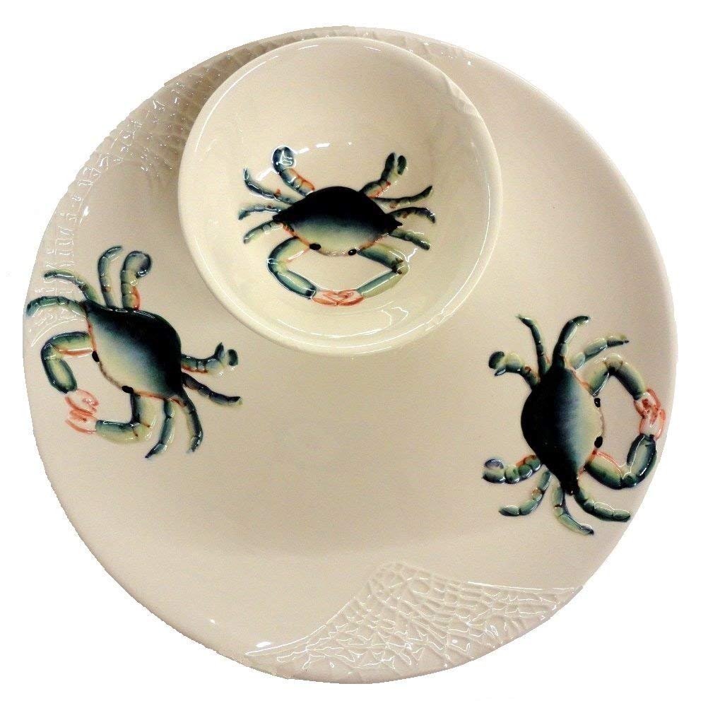 Beachcombers Beachcombers Coastal Blue Crab Design Ceramic Round Chip and Dip,white, BLue - DimpzBazaar.com