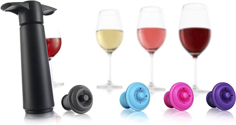 Vacu Vin Vacu Vin The Original Wine Saver Pump - Black with 4 Vacuum Bottle Stoppers (1 Grey and 3 Colored stoppers set) - DimpzBazaar.com