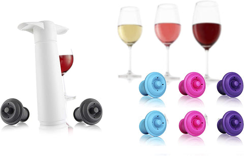 Vacu Vin Vacu Vin The Original Wine Saver Pump - WHITE with 8 Vacuum Bottle Stoppers (2 Grey and 6 Colored) Gift Set Bundle Giftpack - DimpzBazaar.com