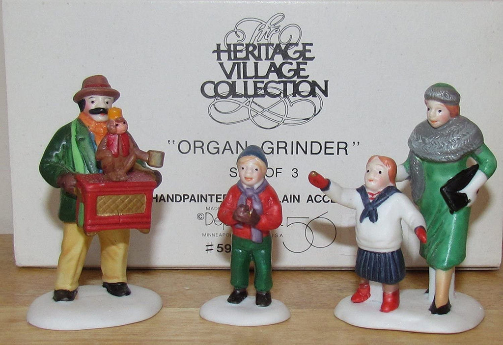 Christmas in the City Village Department 56 Heritage Village Collection ; Christmas in the City ; Organ Grinder with Monkey Set of 3 ; Handpainted Porcelain Accessories #59579 - DimpzBazaar.com
