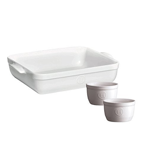 Emile Henry Emile Henry Lasagna/Roasting Dish 13.75" x 10" W/ 2 Bonus Ramekins, Flour White - DimpzBazaar.com