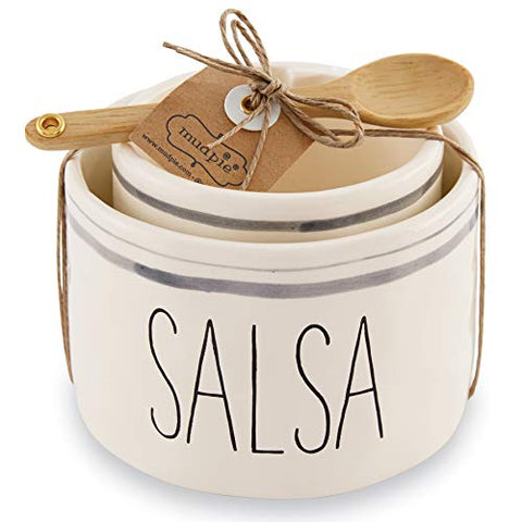 Mud Pie Mud Pie Salsa & Guac Bowl Set, white, "salsa 3"" x 4 1/2"" dia | guac 2 3/4"" x 3 1/2"" dia | spoon 5""" - DimpzBazaar.com