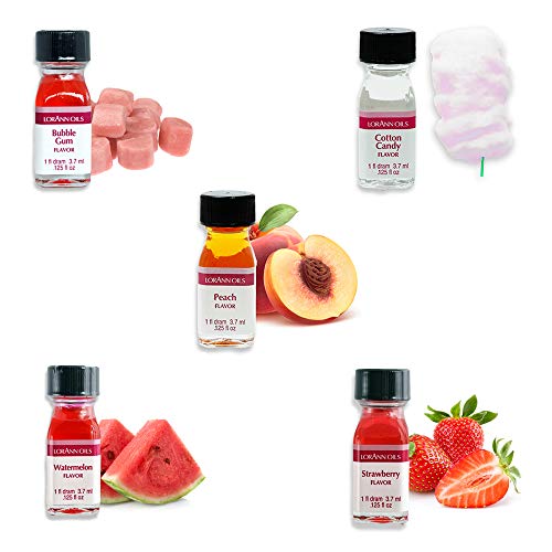 LorAnn LorAnn Super Strength 5 pack, Watermelon, Strawberry, Cotton Candy, Bubble Gum, Peach Flavors , 1 dram (.0125 fl oz. 3.7 ml) bottles - DimpzBazaar.com