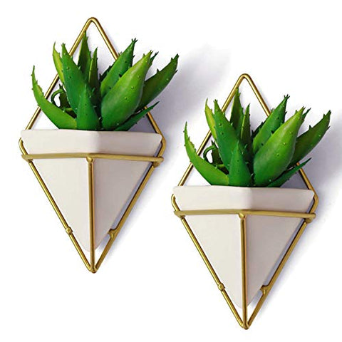 California Home Goods California Home Goods Modern Hanging Planter Pots (2-Pack), Small Decorative Wall Planters for Cactus Decor & Hanging Plants, Wall Hanging Ceramic Planter with Brass Wire Frame, White Plant Decor - DimpzBazaar.com