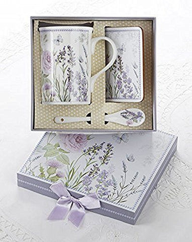 Delton Porcelain Mug, Coaster and Spoon Set, Lavender and Roses- Matching Gift Box - DimpzBazaar.com