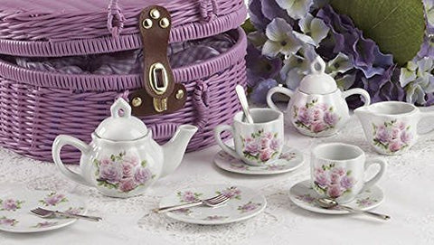 Delton Delton Products Rose Pattern 1X Child Size Pretty Little Tea Set for Two in Basket, Pink - DimpzBazaar.com