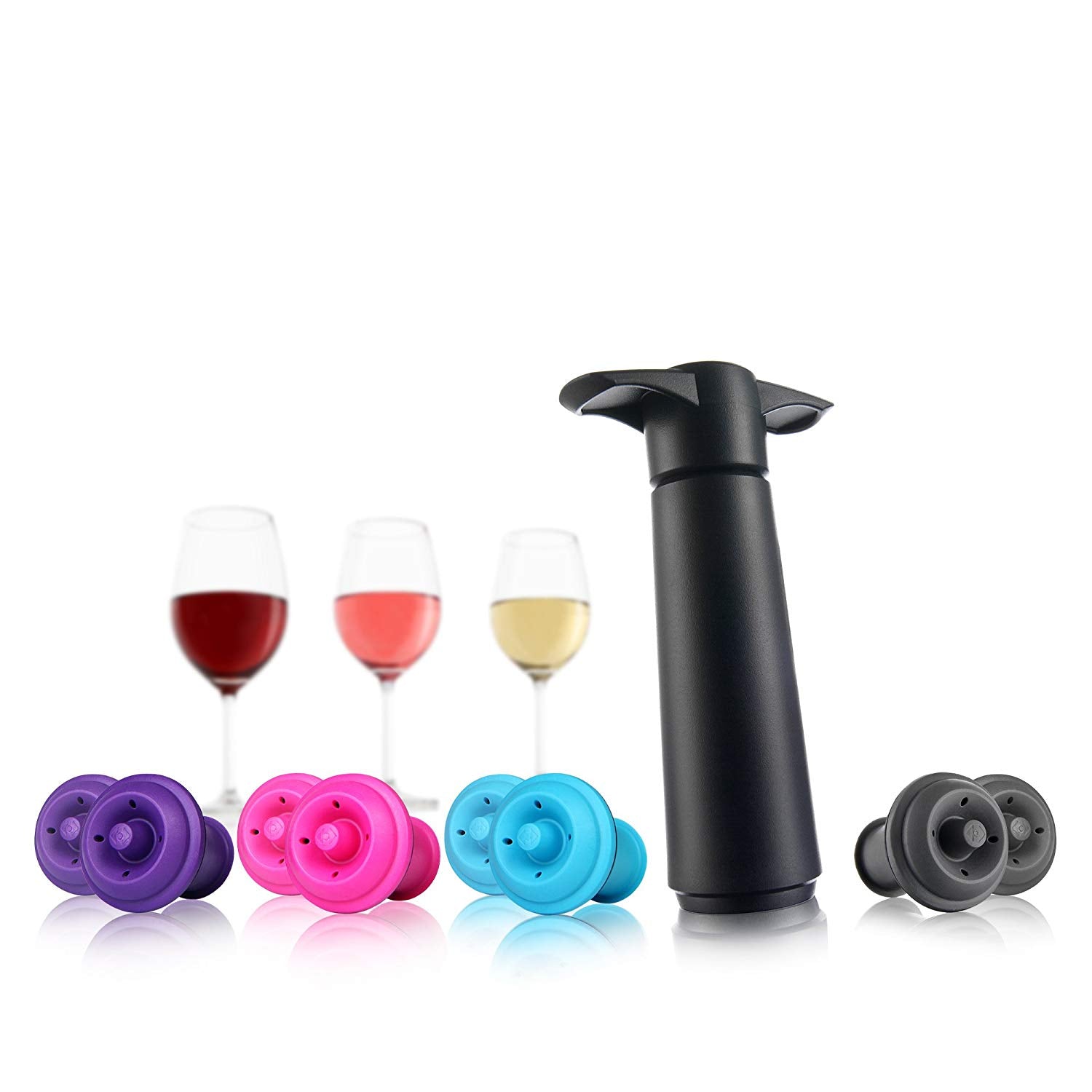 Vacu Vin Wine Pump (White) with 6 Vacuum Wine Saver Bottle Stoppers (Black)  