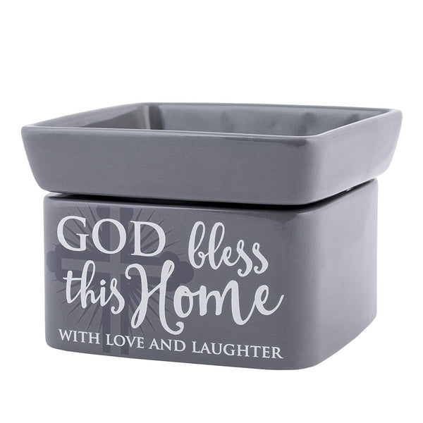Elanze Designs Elanze Designs God Bless This Home Love Grey Stoneware Electric 2-in-1 Jar Candle and Wax Tart Oil Warmer - DimpzBazaar.com