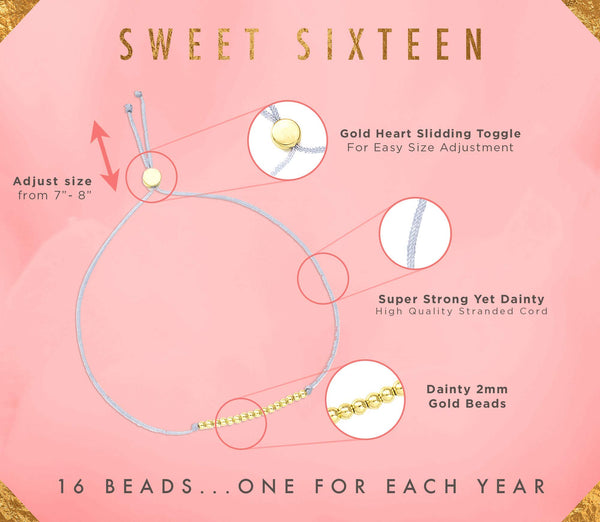 Lucky Feather Lucky Feather Sweet 16 Gifts for Girls; 16th Birthday Bracelet Gift Idea for 16 Year Old Girls with 14K Gold Dipped Beads on Adjustable Cord - DimpzBazaar.com