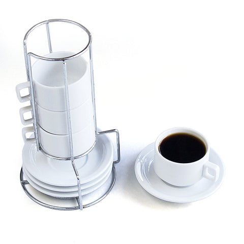Harold HIC 9-Piece Stackable Espresso Coffee Tea Set, Fine White Porcelain, Set Includes 4 (4-Ounce) Cups with Matching Saucers and Metal Stand, Gift Boxed - DimpzBazaar.com