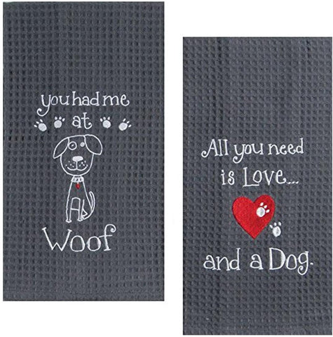 Kay Dee Kay Dee Dog Lover Embroidered Waffle Towel Set - One Each You Had Me at Woof & Dog Love - DimpzBazaar.com