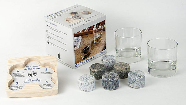 Sea Stones Sea Stones- 9-Piece Set - Full Sized Upcycled Granite Whiskey Chilling Stones- On the Rocks Set Includes 2 Monogrammable Tumblers with Wooden Presentation Tray - Made in the USA with Granite from NH - DimpzBazaar.com