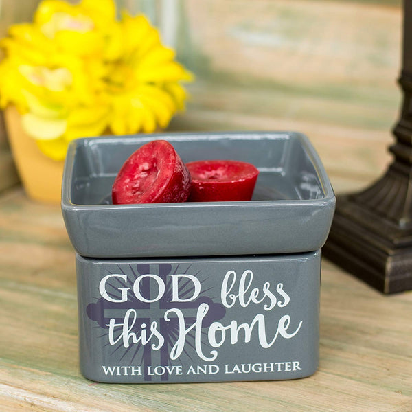 Elanze Designs Elanze Designs God Bless This Home Love Grey Stoneware Electric 2-in-1 Jar Candle and Wax Tart Oil Warmer - DimpzBazaar.com